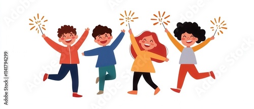 Chinese New Year concept. Four joyful children celebrate together, holding sparklers, radiating happiness and friendship in a colorful, animated style.