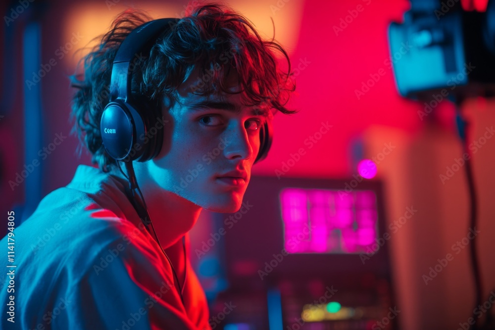 A young person immersed in creativity with headphones on. The vibrant colors create an electrifying atmosphere. The future of sound is here. Generative AI A young person immersed in creativity with headphones on. The vibrant colors create an electrifying atmosphere. The future of sound is here. Generative AI