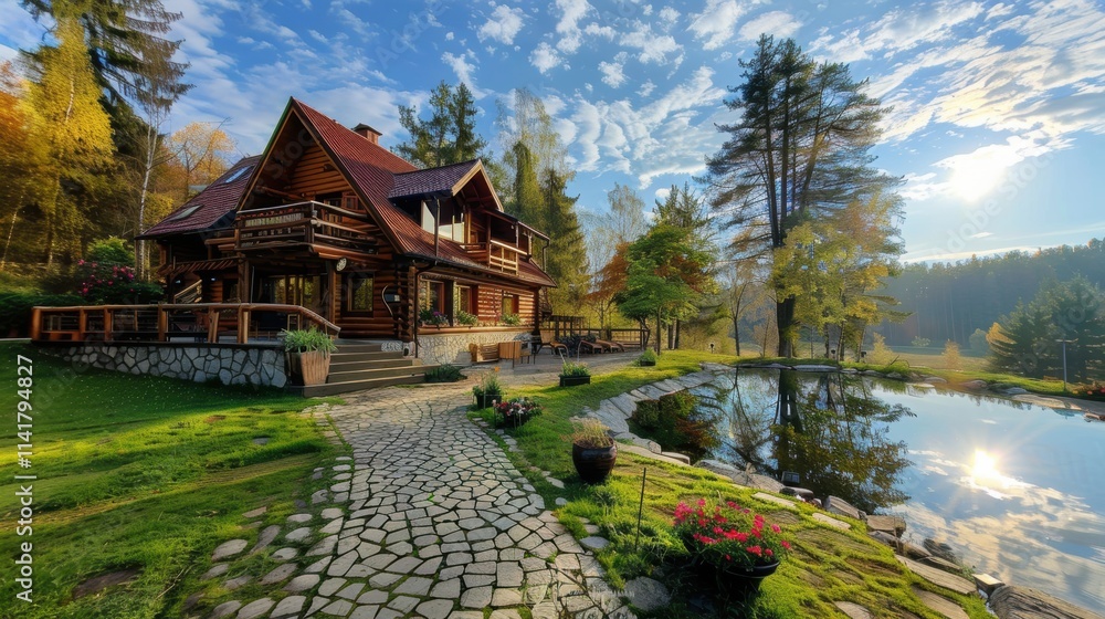 A charming wooden house beside a serene pond, surrounded by trees and colorful flowers under a blue sky with scattered clouds. A charming wooden house beside a serene pond, surrounded by trees and colorful flowers under a blue sky with scattered clouds.