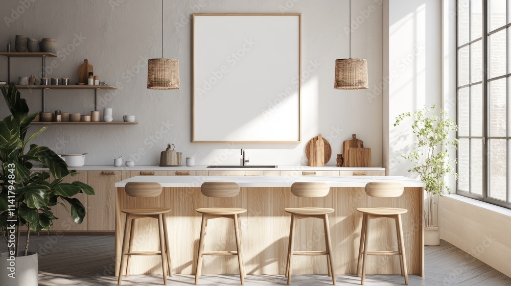 A light-filled Scandinavian kitchen featuring a blank frame mockup, natural wood finishes, and subtle decor accents A light-filled Scandinavian kitchen featuring a blank frame mockup, natural wood finishes, and subtle decor accents