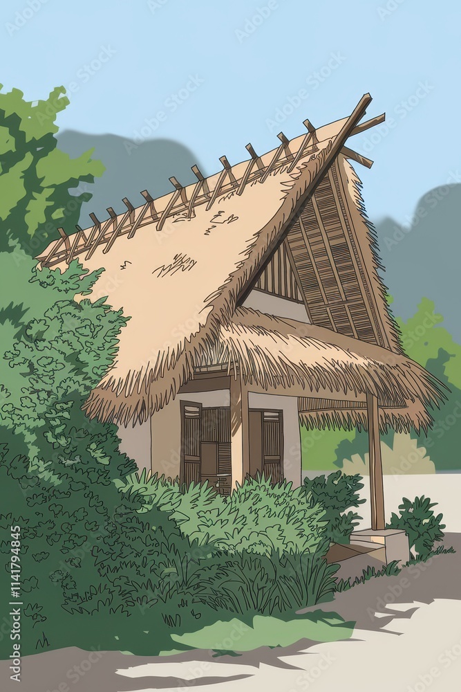 Thatched Roof House Amidst Lush Green Foliage Thatched Roof House Amidst Lush Green Foliage