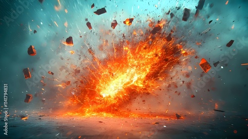 A large explosion with a lot of debris and fire photo