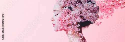 Woman's face blended with pink blossoms on pink background.