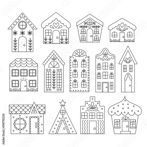 Line Art Houses Set. Cute Editable Stroke Collection.