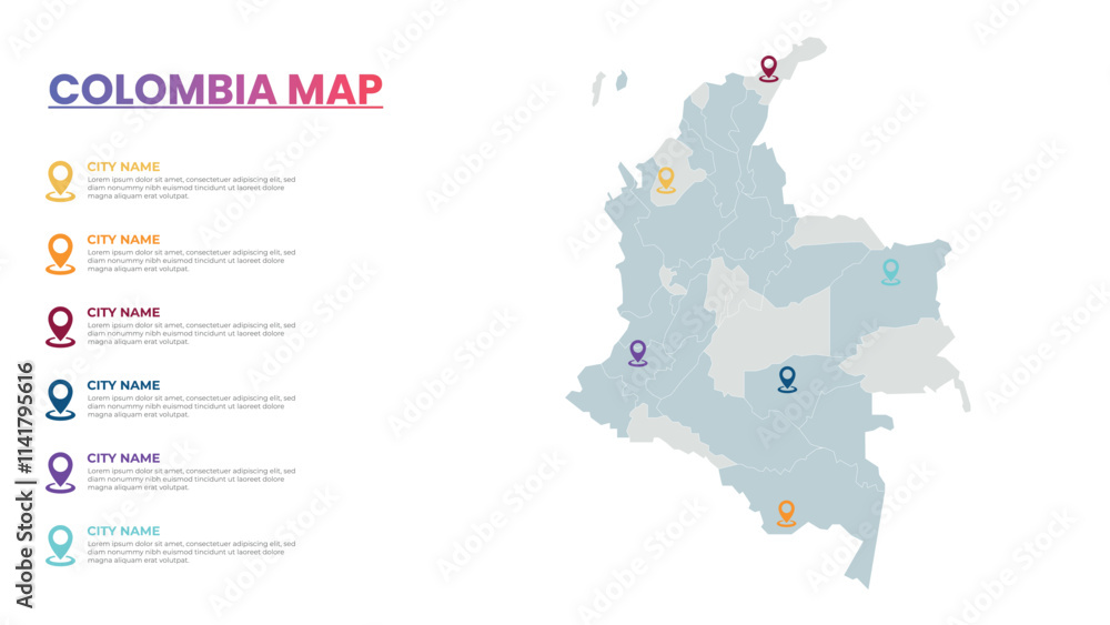 Obraz premium Colombia Modern Map Infographic Template, Detailed infographic map of Colombia Popular City