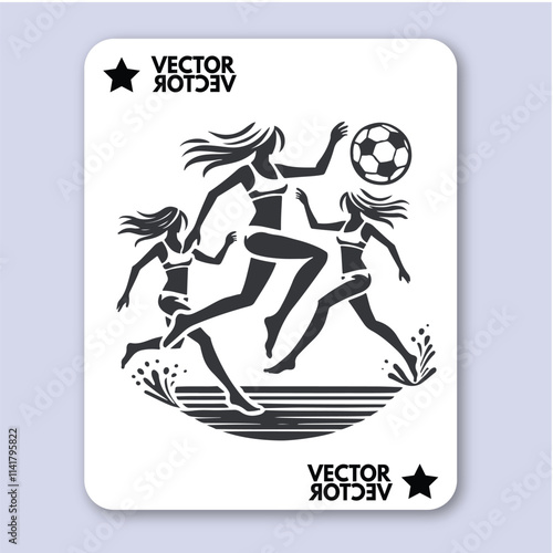 People play beach soccer. Active sports sea sandy coast. Guys pass ball each other on tropical beach. Open training for professionals and fun team game vacationers. Vector flat illustration isolated