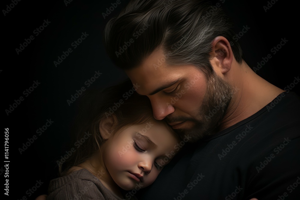Father and daughter share a tender moment of love and connection, embracing in a gentle hug against a dark background Father and daughter share a tender moment of love and connection, embracing in a gentle hug against a dark background