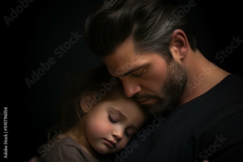 Father and daughter share a tender moment of love and connection, embracing in a gentle hug against a dark background