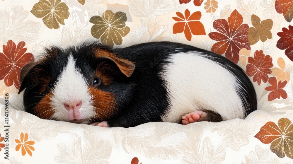 A cute guinea pig resting on a floral-patterned cushion. A cute guinea pig resting on a floral-patterned cushion.