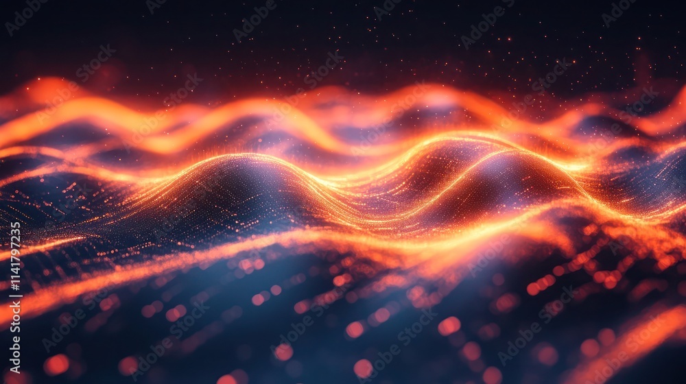 Abstract fiery orange and dark blue digital wave background with particle effects. Abstract fiery orange and dark blue digital wave background with particle effects.
