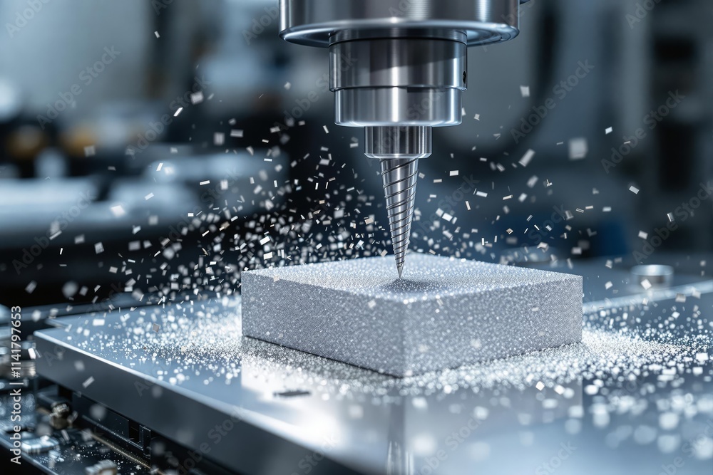 Metal CNC Precision. Close-up view of industrial CNC machine milling metallic workpiece with flying chips and coolant spray. Metal CNC Precision. Close-up view of industrial CNC machine milling metallic workpiece with flying chips and coolant spray.