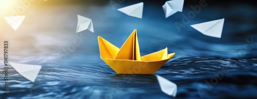 Yellow Paper Boat Change Direction - Leadership Vision And Opportunity - Sailing Against The Tide photo