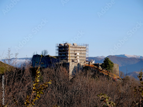 Historic fortifications of the city of Genoa, Italy. In the picture, the Fort Puin under renovation surrounded by scaffolding.  photo