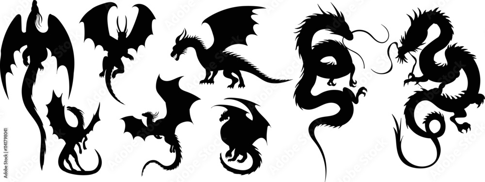 dragons set silhouette on white background, vector dragons set silhouette on white background, vector