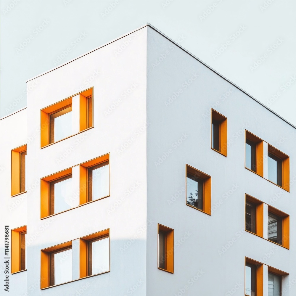 A white building with orange windows, modern architecture design A white building with orange windows, modern architecture design