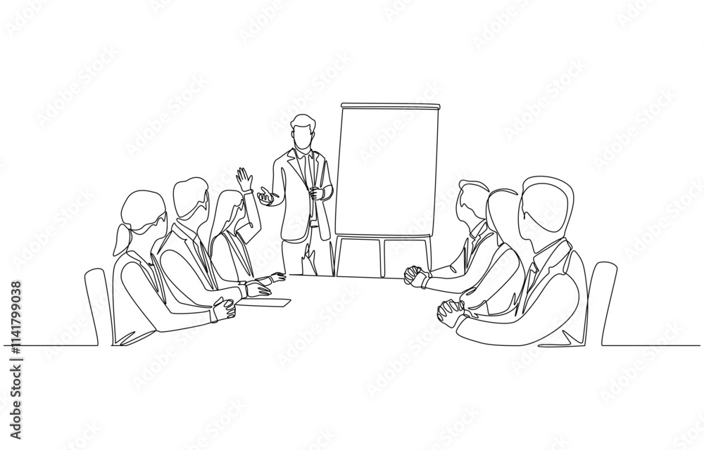 Continuous one line drawing of female employee raising hand to ask question in work meeting, presentation with Q&A concept, single line art Continuous one line drawing of female employee raising hand to ask question in work meeting, presentation with Q&A concept, single line art