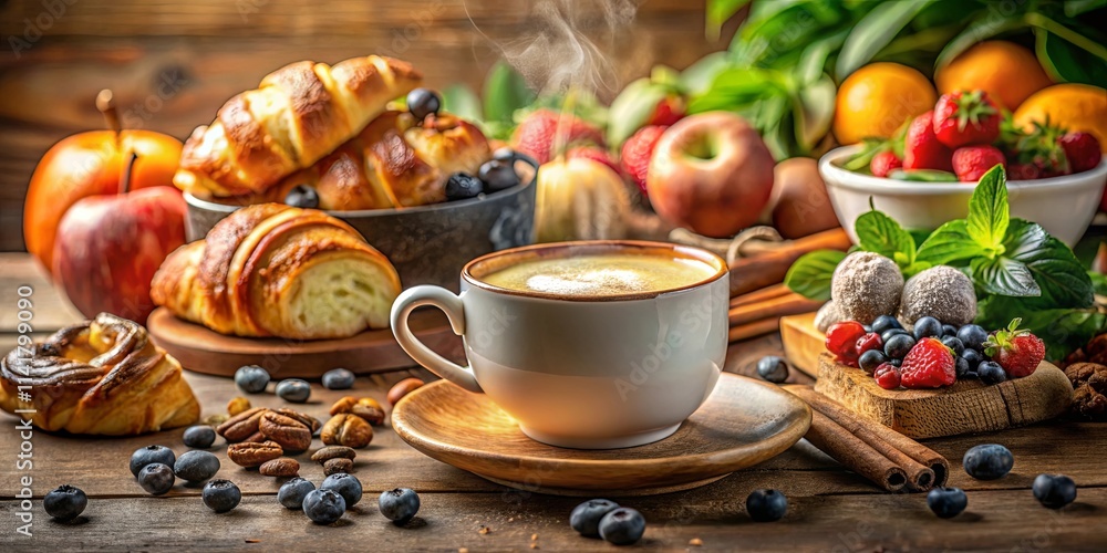 Fototapeta premium Aromatic Coffee with Sweet Pastries and Fresh Fruit for a Delightful Breakfast