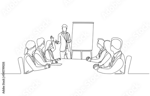 Continuous one line drawing of female employee raising hand to ask question in work meeting, presentation with Q&A concept, single line art