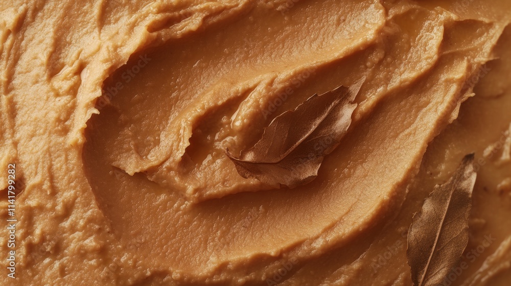 A smooth, creamy nut butter is artistically spread on a rustic wooden surface, complemented by delicate leaves resting gently on top, showcasing a harmonious blend of nature and culinary craft. A smooth, creamy nut butter is artistically spread on a rustic wooden surface, complemented by delicate leaves resting gently on top, showcasing a harmonious blend of nature and culinary craft.