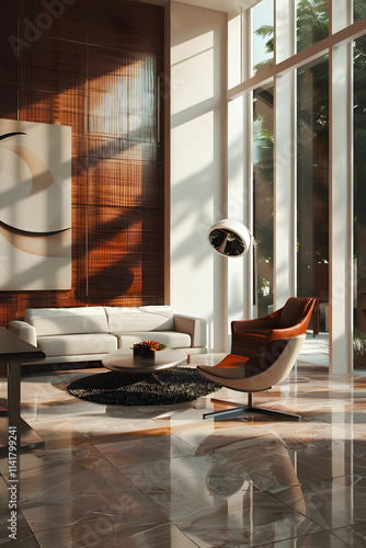 This elegant contemporary living room features high ceilings, abundant sunlight, modern furniture, and a luxurious chair as the focal point, complemented by stylish decor