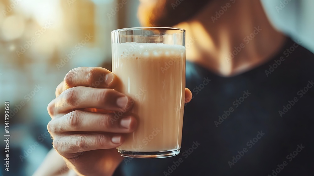 Man holding a glass of protein shake. Man holding a glass of protein shake.