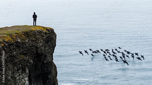 A lone person stands on a cliff overlooking a pod of dolphins leaping in the ocean.