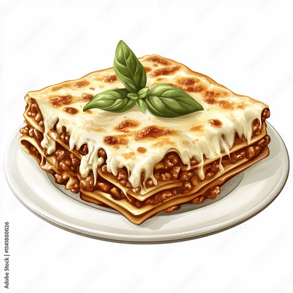 Delicious lasagna, cheesy, meaty pasta bake on a plate, garnished with basil. Delicious lasagna, cheesy, meaty pasta bake on a plate, garnished with basil.