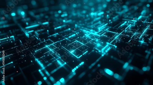 Futuristic Glowing Turquoise Grid Fading into the Depths of a Dark Void