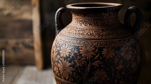 Beautifully crafted Greek amphora with detailed floral engravings, highlighting the artistry and craftsmanship of ancient Greece photo