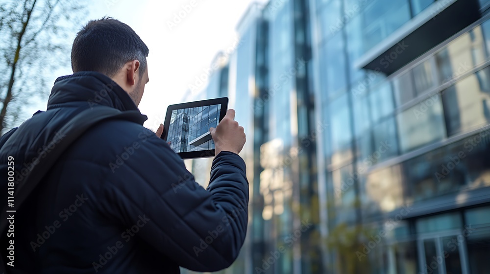 Man using tablet to view building plans outdoors. Man using tablet to view building plans outdoors.