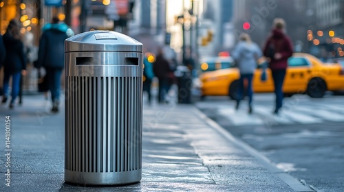 Wallpaper Mural Metal trash can on city sidewalk with blurred background of pedestrians and traffic. Torontodigital.ca