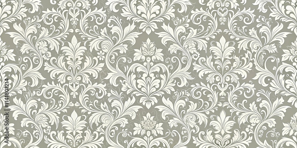 Elegant Off-White Damask Pattern on a Muted Grey Background Ideal for Textile and Interior Designs Elegant Off-White Damask Pattern on a Muted Grey Background Ideal for Textile and Interior Designs