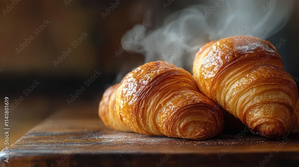 Three freshly baked, steaming croissants on wooden board. Three freshly baked, steaming croissants on wooden board.