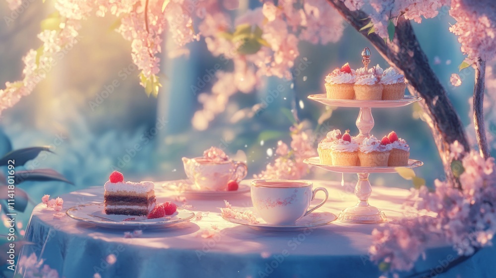 Tea party scene under blossoming cherry tree with cupcakes and cake. Tea party scene under blossoming cherry tree with cupcakes and cake.