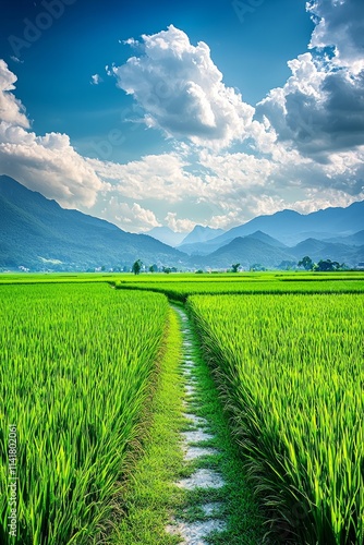 Vast green rice fields, with distant mountains and blue sky in the background. There is an open path between two rows of paddy field plants.