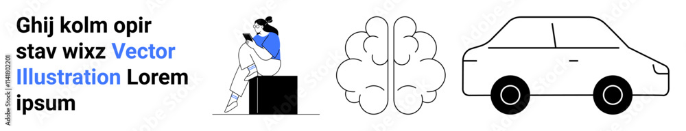 Woman reading a book while sitting on a block, brain diagram in the middle, car outline on the right. Ideal for education, knowledge, cognitive development, learning, reading, transportation brain Woman reading a book while sitting on a block, brain diagram in the middle, car outline on the right. Ideal for education, knowledge, cognitive development, learning, reading, transportation brain