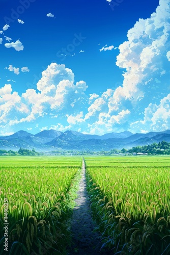 Vast green rice fields, with distant mountains and blue sky in the background. There is an open path between two rows of paddy field plants.
