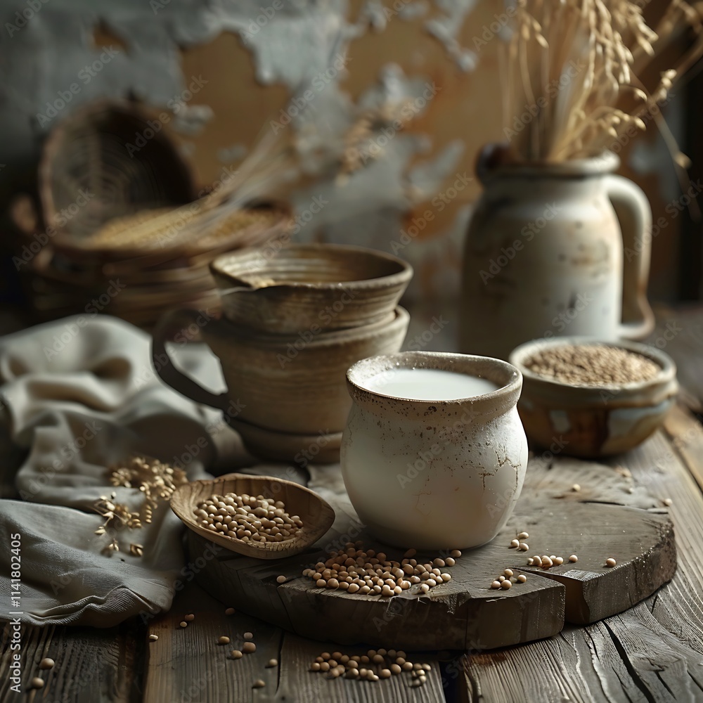 Coffee beans in a bowl and a jug on a wooden table Coffee beans in a bowl and a jug on a wooden table