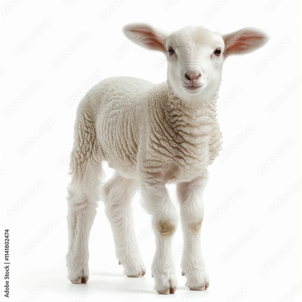 A small, fluffy white lamb stands playfully with perked ears, showcasing its soft wool and gentle expression against a plain backdrop A small, fluffy white lamb stands playfully with perked ears, showcasing its soft wool and gentle expression against a plain backdrop