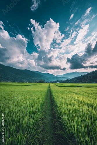 Vast green rice fields, with distant mountains and blue sky in the background. There is an open path between two rows of paddy field plants.