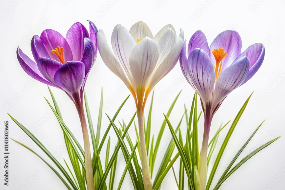 Three unique crocuses with grassy leaves, isolated against a transparent background, beautifully highlight floral design and nature themes in minimalist photography. Ideal for creative projects. Three unique crocuses with grassy leaves, isolated against a transparent background, beautifully highlight floral design and nature themes in minimalist photography. Ideal for creative projects.