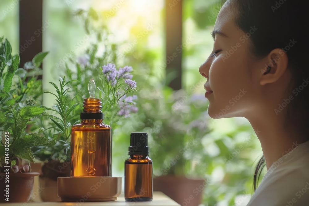 close-up view person test smelling aroma essential oil in the bottle for diffuser, Generative AI close-up view person test smelling aroma essential oil in the bottle for diffuser, Generative AI