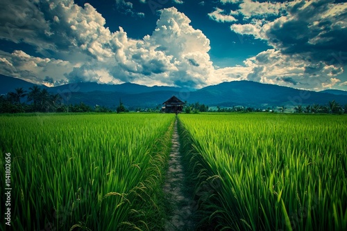 Vast green rice fields, with distant mountains and blue sky in the background. There is an open path between two rows of paddy field plants.