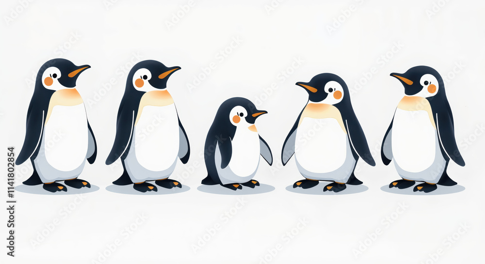 Fototapeta premium Cute Penguin Illustration of Five Cartoon Penguins, Perfect for Children's Books, Educational Materials, and Animal-themed Designs