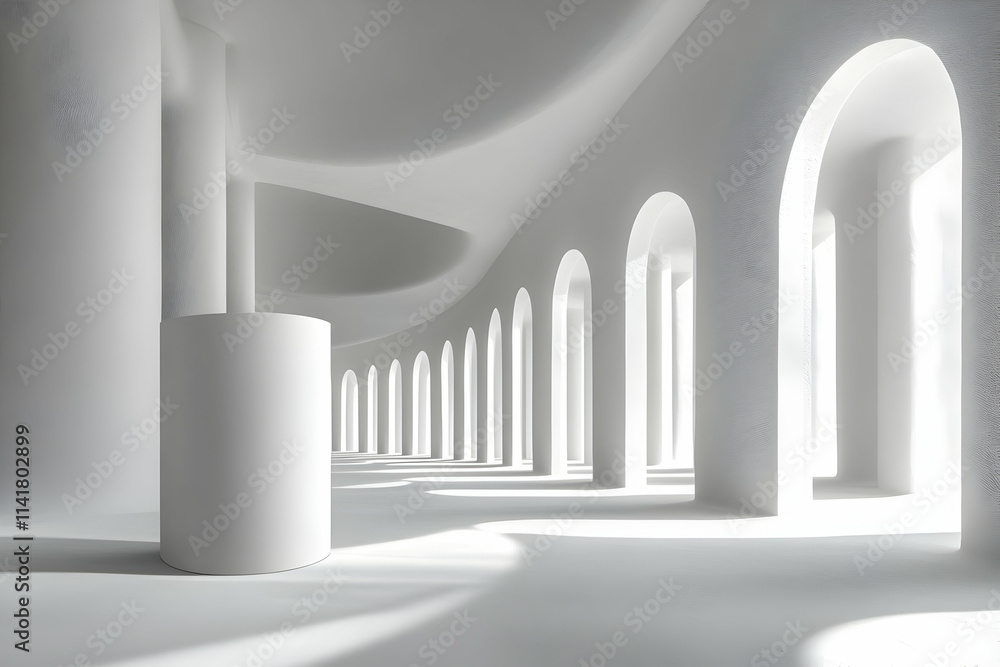 Abstract white architectural hallway with arches and columns, sunlight. Abstract white architectural hallway with arches and columns, sunlight.