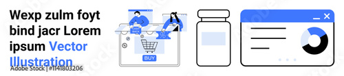 Interacting with online shopping cart, medicine bottle, analytics dashboard. Ideal for e-commerce, healthcare, data analysis, online shopping, digital marketing web apps online services. Landing