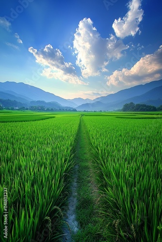Vast green rice fields, with distant mountains and blue sky in the background. There is an open path between two rows of paddy field plants.