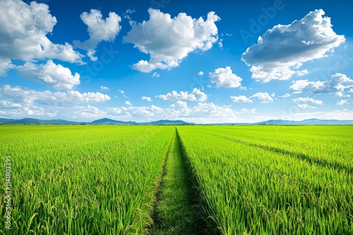 Vast green rice fields, with distant mountains and blue sky in the background. There is an open path between two rows of paddy field plants.