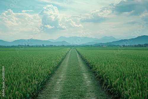 Vast green rice fields, with distant mountains and blue sky in the background. There is an open path between two rows of paddy field plants.