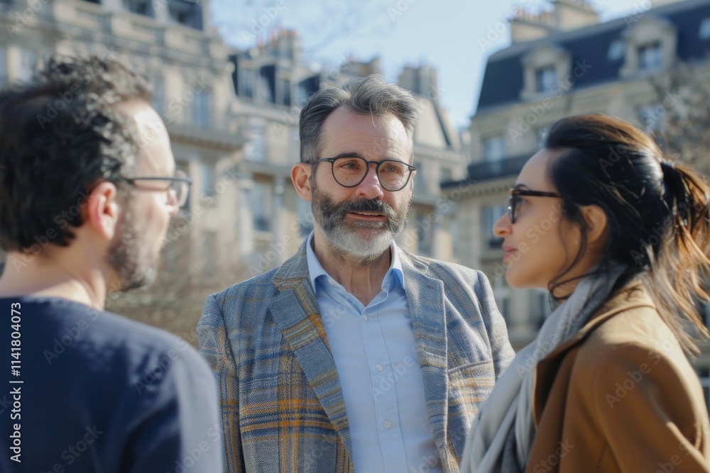 Portrait of a middle-aged man with a gray beard and mustache in glasses on the background of a group of people in the city Portrait of a middle-aged man with a gray beard and mustache in glasses on the background of a group of people in the city